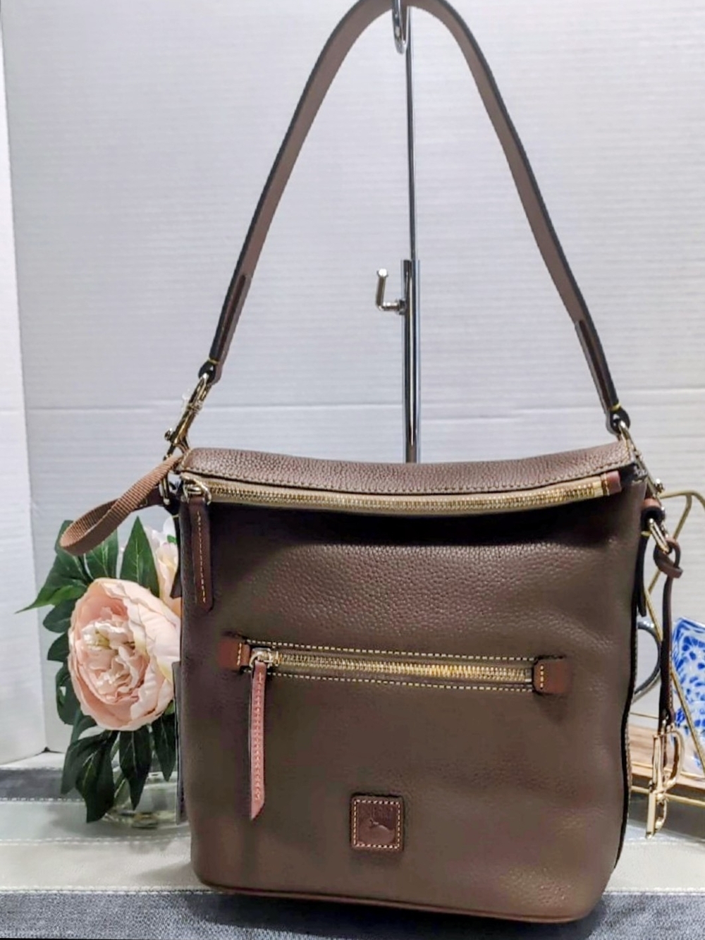 Dooney & Bourke Pebbled Leather Messenger Bag- Bark